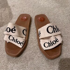 Chloé Cream Canvas Logo Slide Sandals with Tan Footbed